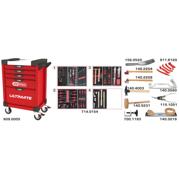 Servante ULTIMATE 5 tiroirs avec composition d'outils pour la carrosserie + 154 pièces KS TOOLS 809.5154 