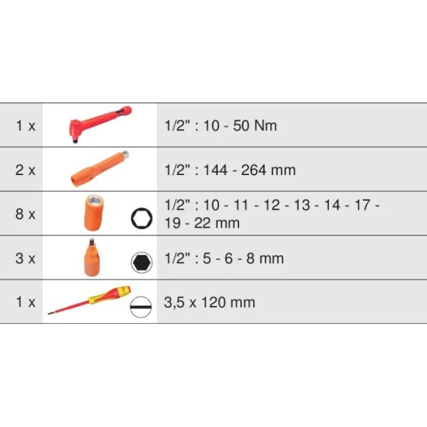 Module de Douilles et Clé Dynamométrique 1/2'' 10-50 Nm Isolées 1000V - 15 Pièces KS TOOLS - 713.1126