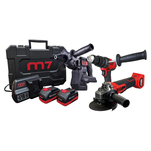 Pack Électroportatif Perforateur, Perceuse Visseuse à Percussion et Meuleuse d'angle M7 - M7PACKV9