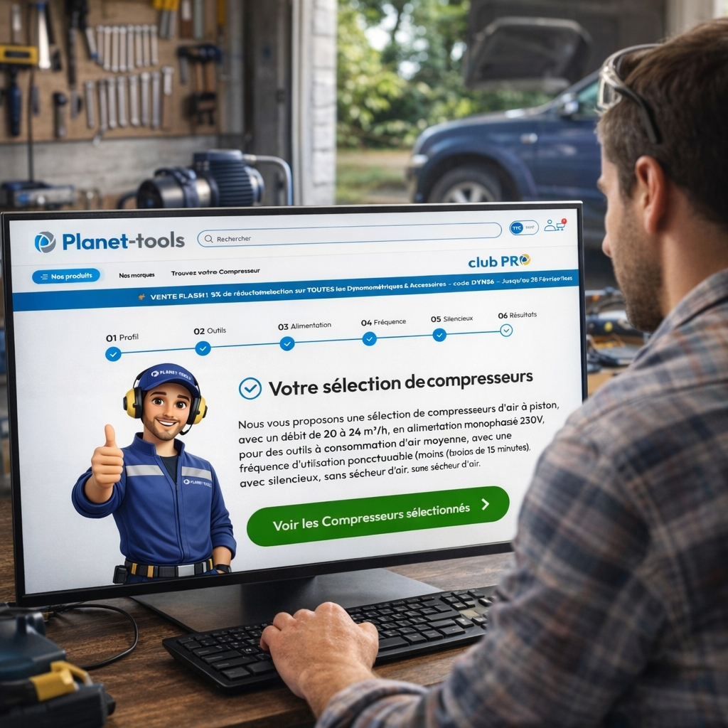 Un particulier utilise l'assistant Easy Air pour choisir le compresseur d'air qui lui convient.