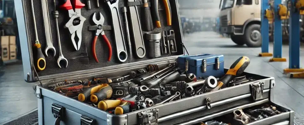 dall·e 2024 10 17 16.40.20 a realistic photograph of a mechanic's toolbox, open and filled with essential tools such as wrenches, screwdrivers, hammers, pliers, and other repair