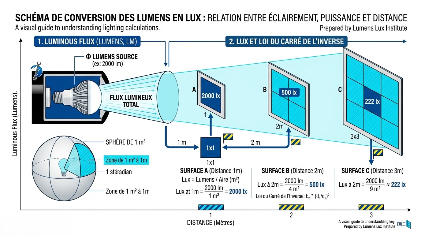 Schéma : les lumens émis par la lampe, les lux reçus sur le plan de travail
