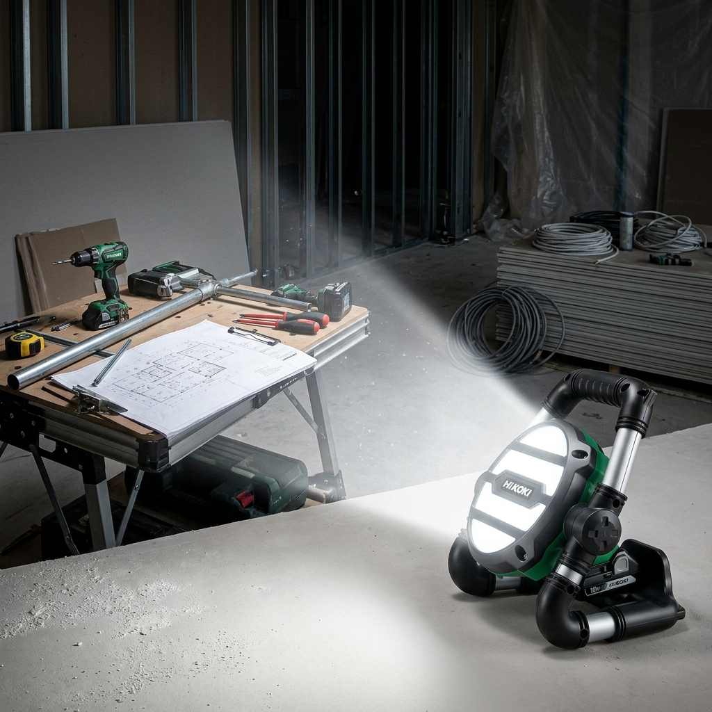 Projecteur LED fixé sur un échafaudage et orienté vers un poste de travail