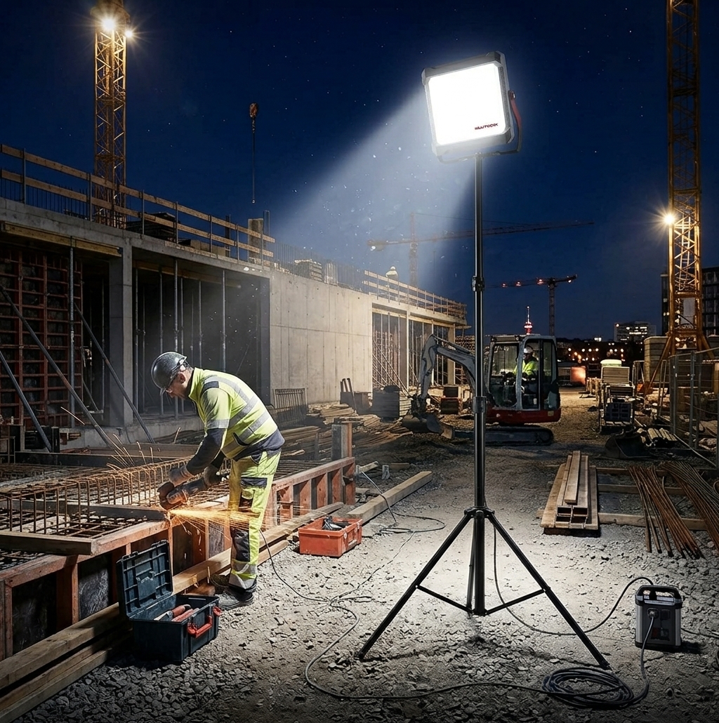 Chantier de nuit éclairé par un projecteur LED sur trépied