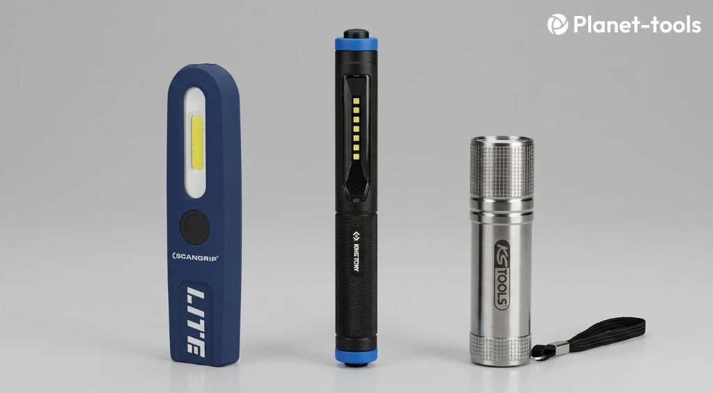 Lampe stylo, lampe stick COB et lampe torche côte à côte
